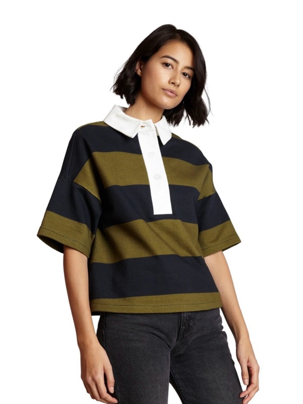 The Kit | Striped Rugby Polo Top | Olive & Navy Stripe | Size M